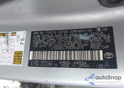 2008 Toyota Prius z USA, uszkodzony, nr VIN JTDKB20U783396875